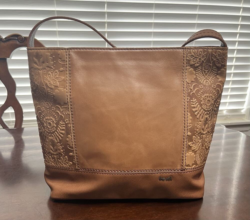 The Sak De Young Tooled Leather Hobo Bag in Tobacco Tan with Floral Tooling